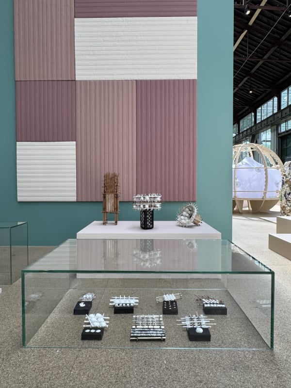 Exhibitions objects laid out on a table in a biennale.