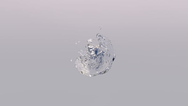 Abstract 3D digital sculpture of a transparent splash of clear liquid suspended against a pale lilac grey background. Different layers of the fluid, glass-like textures together form an irregular globe shape with reflective highlights. These are orbiting around a smaller darker opaque lilac nugget at the core.