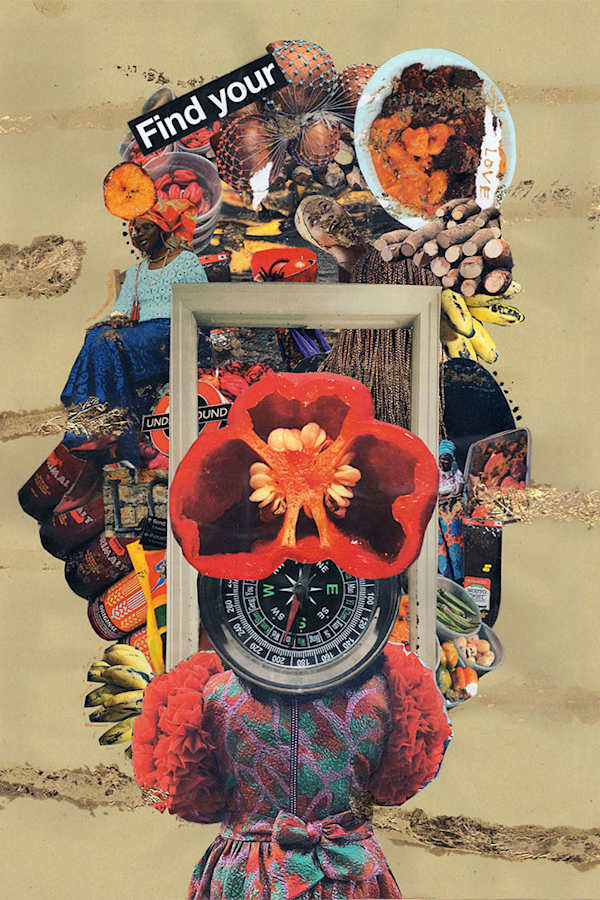Colourful collage imagery featuring cut out images of people, fruit and veg, a compass, a frame and fabric
