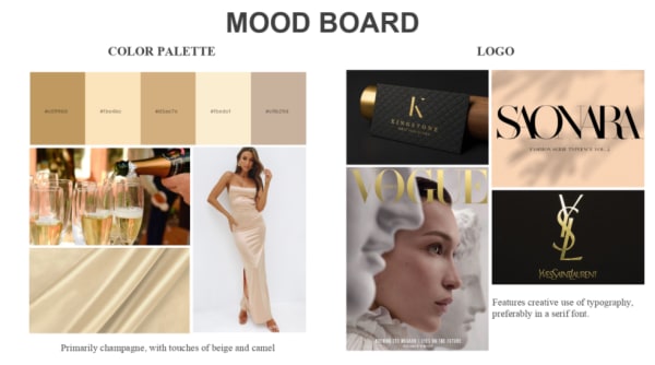 Photo of a moodboard containing colour swatches, logo designs and an image of a model wearing a cream coloured dress