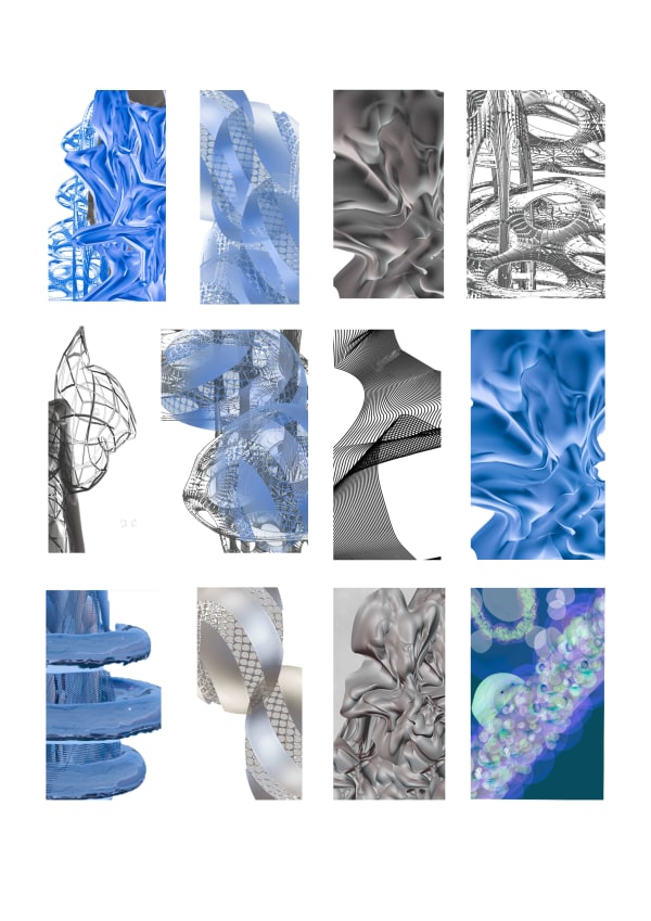 Digital imagery of meshes outlining 3D spaces