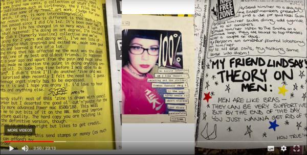 Video screenshot of 3 pages of a zine on white and yellow paper, with handwriting, small illustrations and an image of a person in the centre
