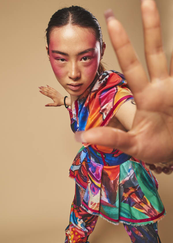 Aidai Serkebaeva, 2022 BA Fashion Design and Development, London College of Fashion, UAL | Photograph: Ben Turner, Model: Natalia Zhang, Make-up: Lisa Huang