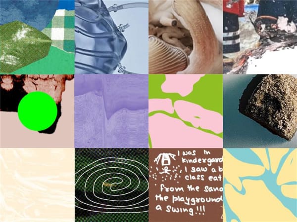 Collage of colourful square illustrations in blue, green, pink, yellow and brown.