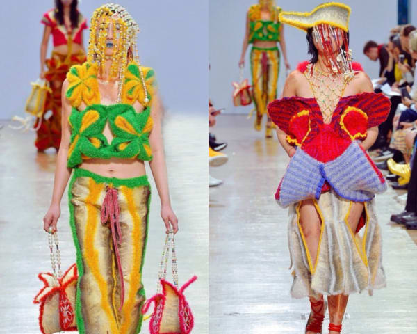 2 shots of colourful knitted and craft based fashion designs on models on a catwalk