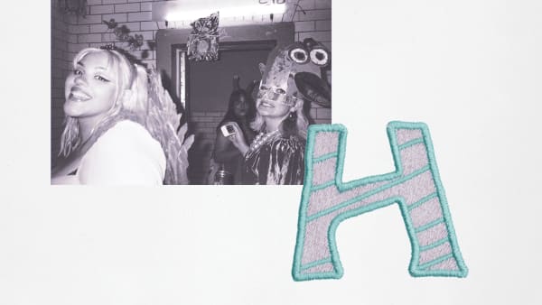 An image of Heather smiling at the camera alongside an embroidered 'H'