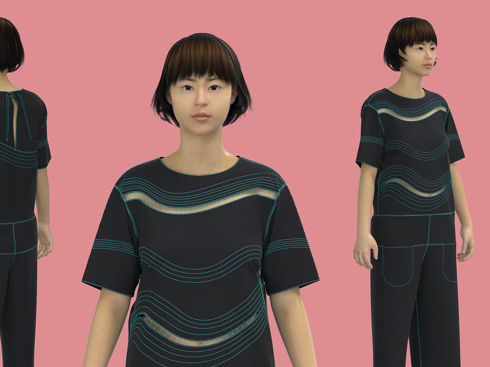 Digital model facing varying directions with pink background