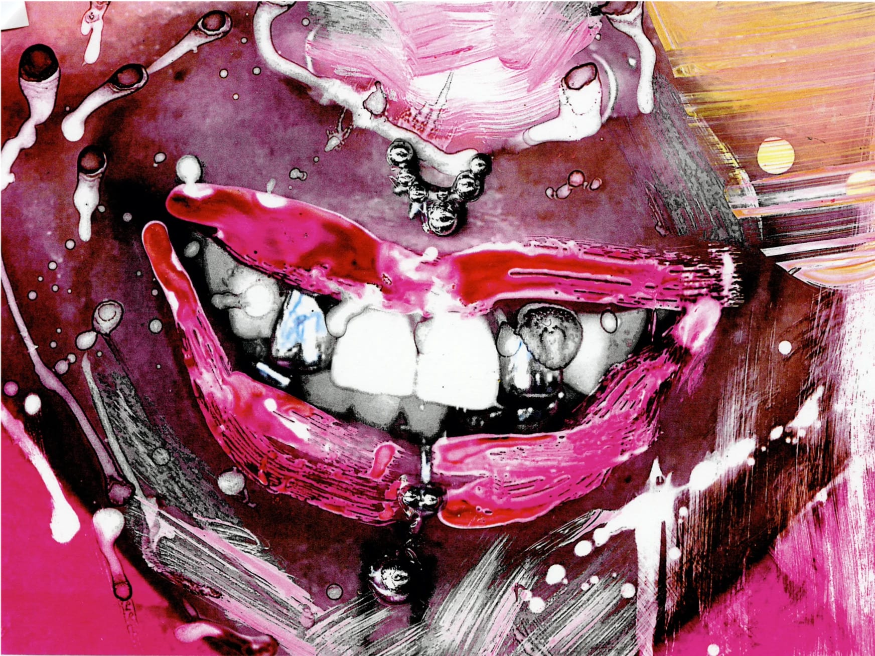 Bright pink illustration of lips and teeth.