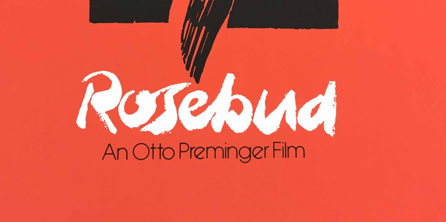 Poster design for 'Rosebud' film, red background and illustration of fist holding a knife in black