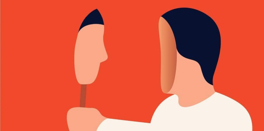 A graphic depicting a person staring at a mask of their own face.