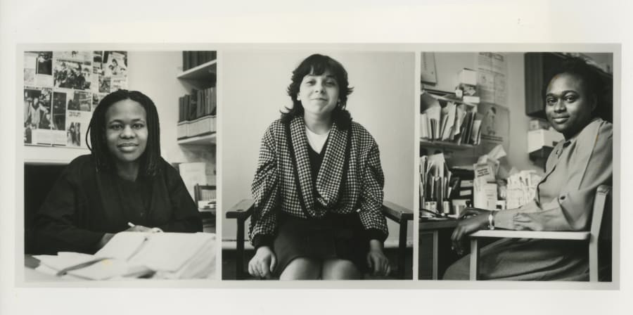 Black and white photograph, triptych of portraits