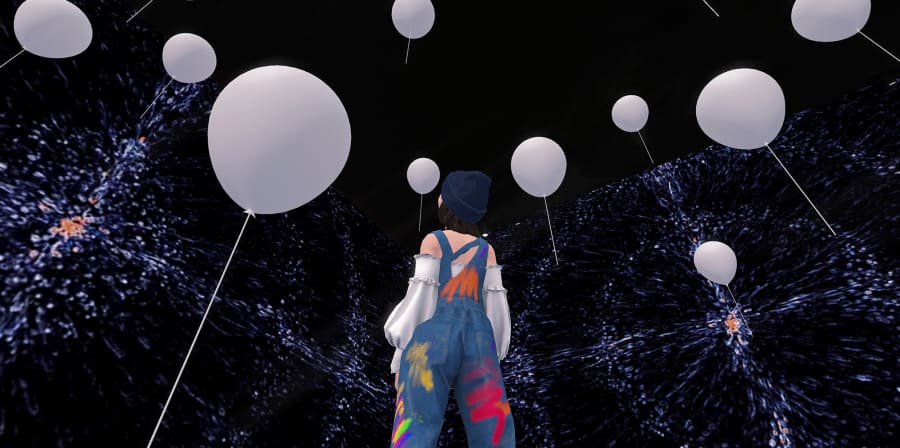 A computer generated image by MA Global Collaborative Design Practice student Xue Zhou of a woman in dungarees with her back to the viewer looking up at white balloons which are in the air. 