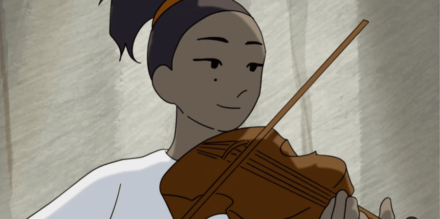 A woman playing a violin.