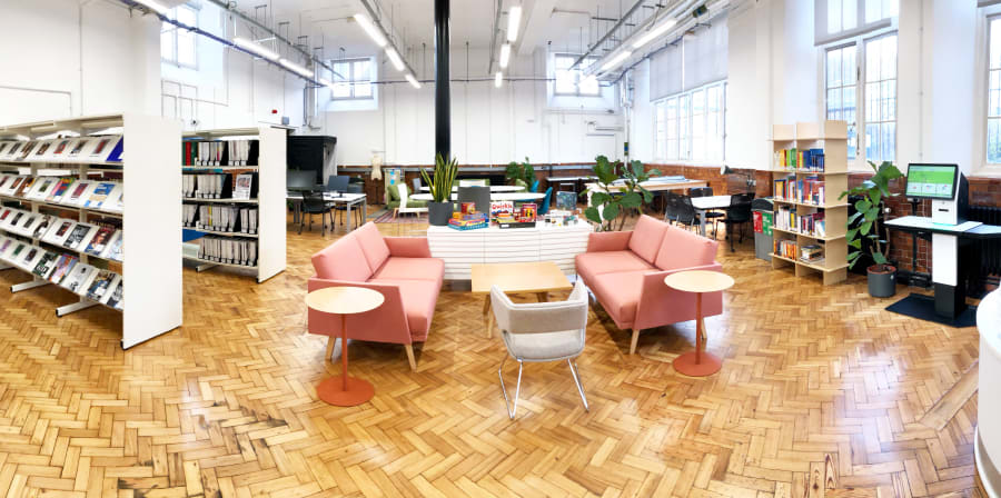 Reading room with tables, chairs and bookcases