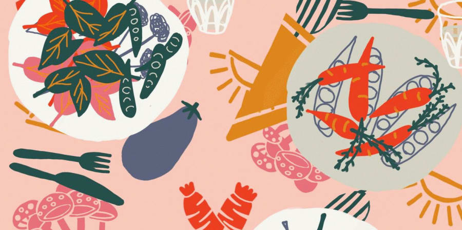 Graphic depicts stylised fruit and vegetables.