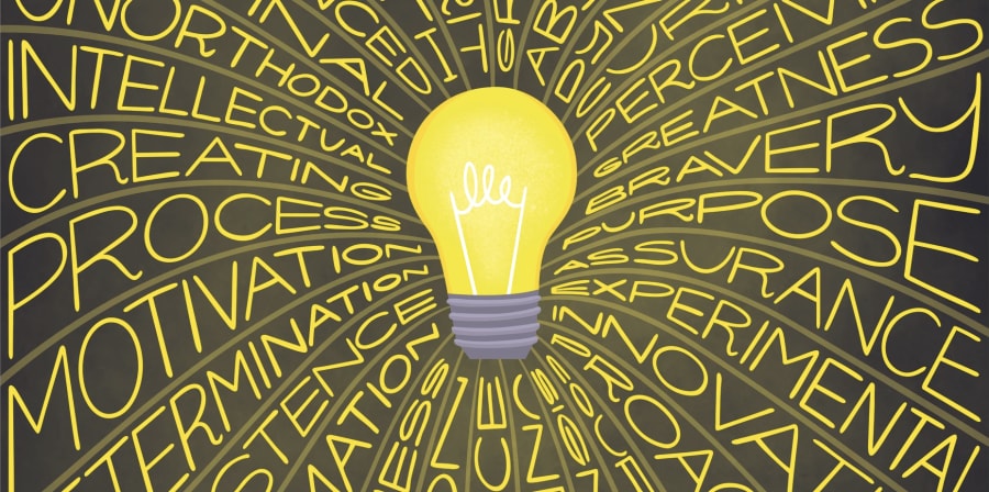 A mural with a light bulb at the centre and streams made of letter emanating from it