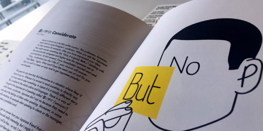 Interior pages from the Terrible People zine which depict an illustration of a faceless head holding up post-it notes reading 'But' and 'No'.