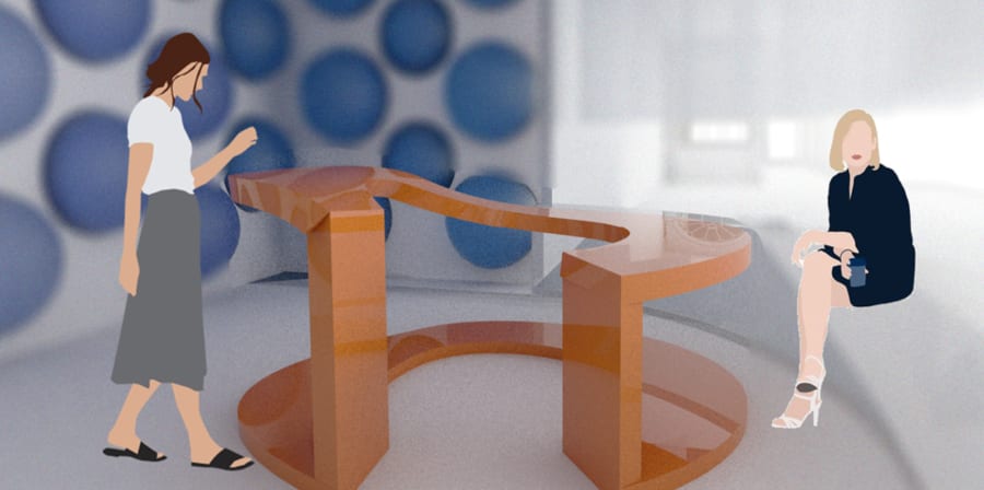 Two customers interacting with a space created with furniture made from recycled materials