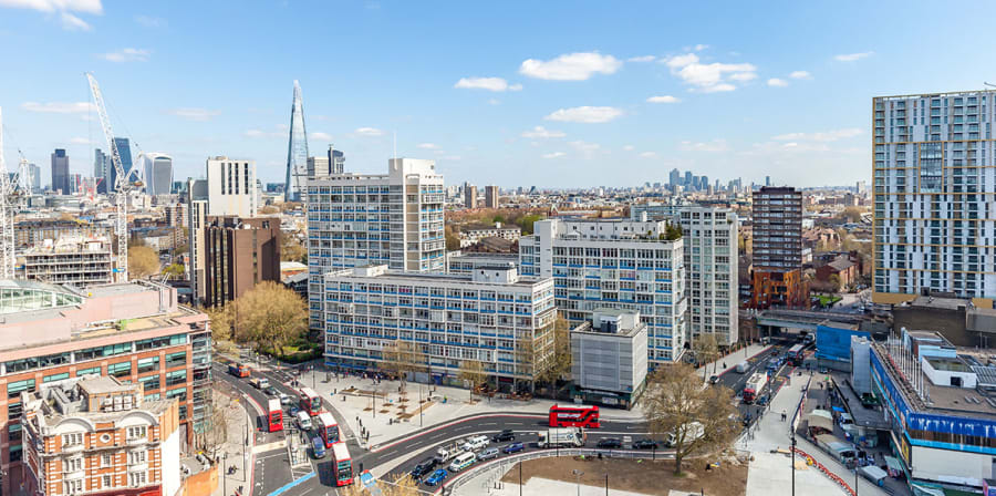 A view across Elephant and Castle from the top floor of the College Building.