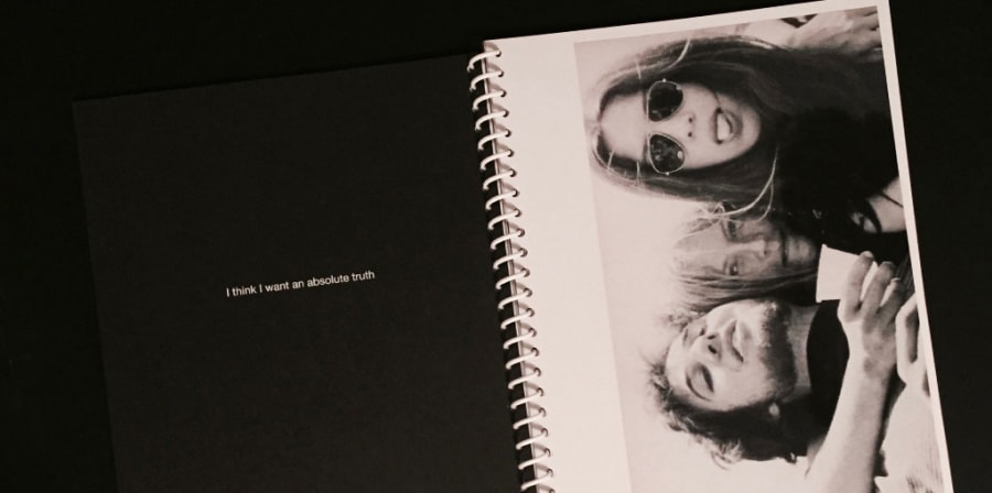 A photograph of a man and a woman smiling accompanied by text that reads: 'I think I want an absolute truth'.