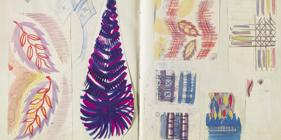 Sketchbook pages with botanical and weave pattern sketches