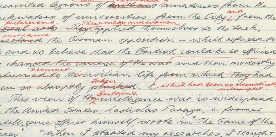 Handwritten notes on lined paper, edits in red ink