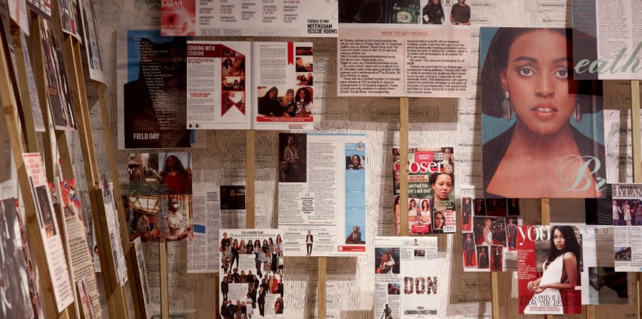 Gallery with placards made out of magazines