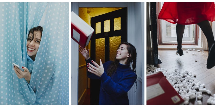 A collage of 3 images. The first one has a woman peeping out of blue shower curtain with a phone in her hand. The second image has person at their door ready to catch a package which is mid-air. The third image has pair of legs wearing a red dress, black stockings and heels, skipping towards the door.