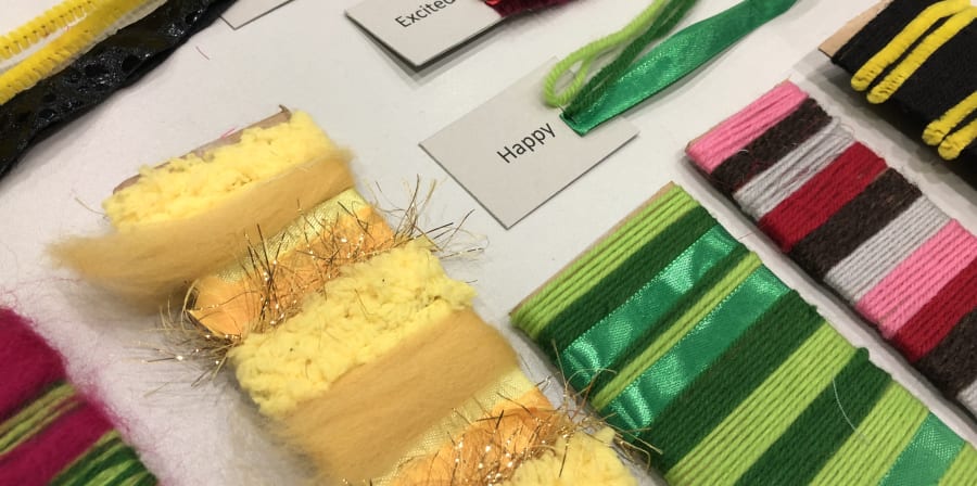 Coloured material with labels on that read 