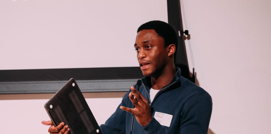 Tyreke Oshunrinde presenting at Creative Futures Demo Day Camberwell College of Arts.