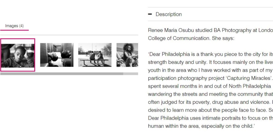 Screenshot from a catalogue record for an artwork showing a description of artworks which quotes from the artist statement. It reads, 
