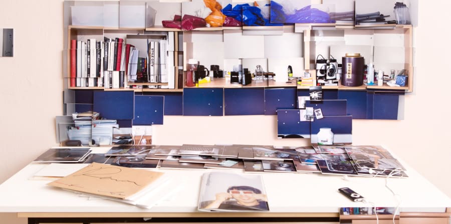 A work station with photographs