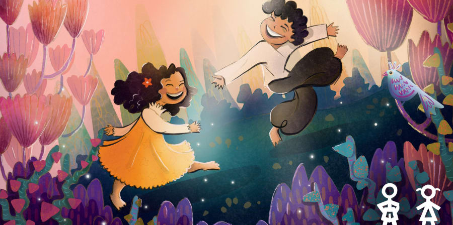 Illustration of a girl and a boy hopping happily in a field filled with bushes and flowers with Makaton symbols in the bottom-right corner.