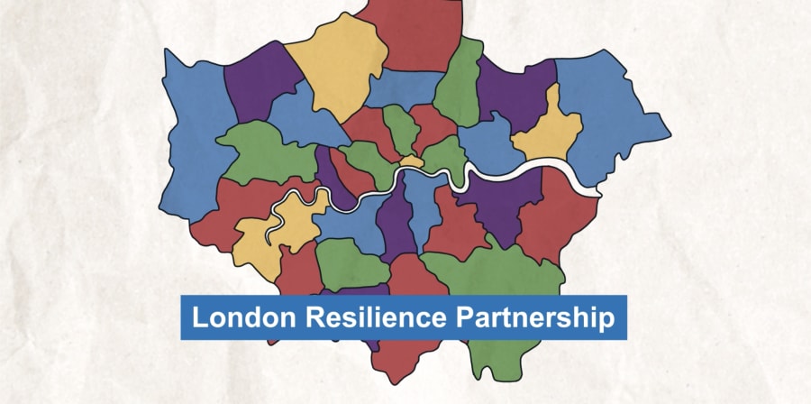 Still from Animation by Natalia Bednarova showing a map of London divided by borough, with the words 