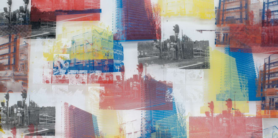 Screenprint of urban architecture done in cmyk colour palette by Luke Chin-Joseph