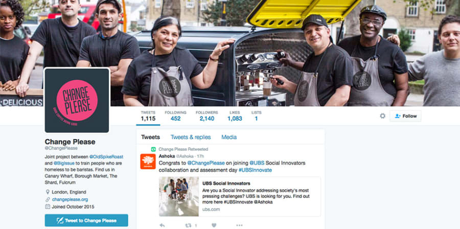Screenshot of a facebook page made by LCC students for an enterprise that helps homeles people to become barristers. The image shows a number of people operating a coffee machine in the back of a van.