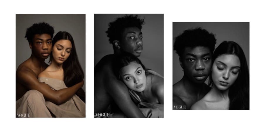 Three photographs of a man and a woman posing in gentle colours, reminiscent of Daphne and Apollo.