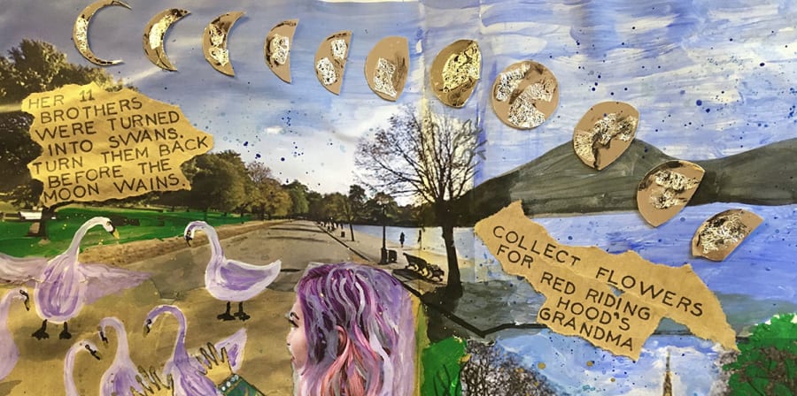 A collage of swans, flowers and blue skies.