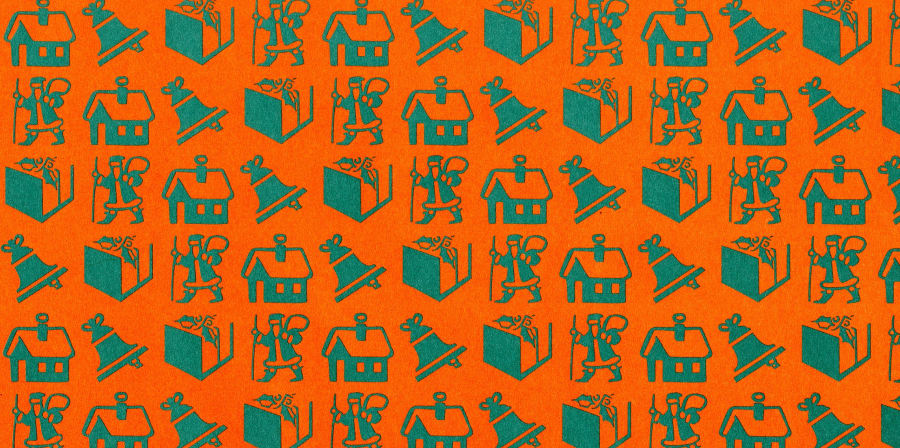 Repetitive graphic of Christmas images, blue on orange