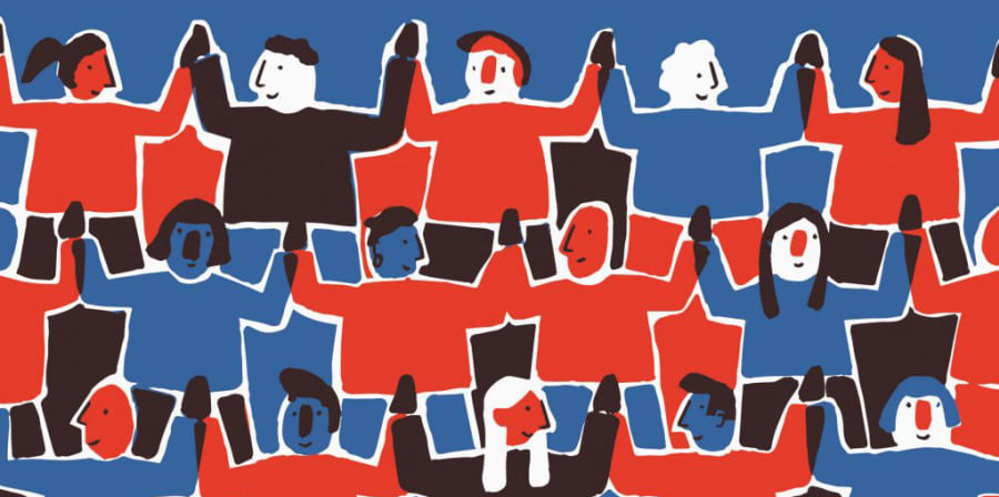 A red and blue graphic which illustrates figures holding hands, representing the theme of collaboration.