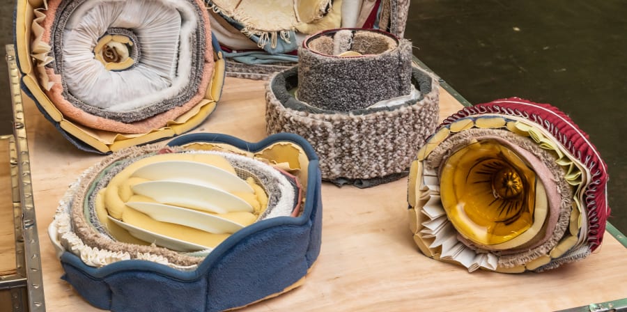'Unwanted objects' By Martha Dommett. A collection of soft sculptures created completely out of discarded materials on exhibition at Origins Creative Arts Festival 2019