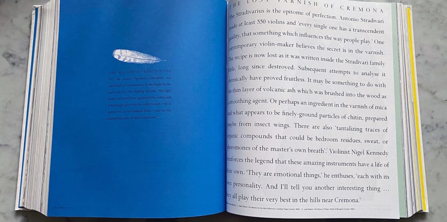 A book opens to a blue and white page exploring the design history of violins.