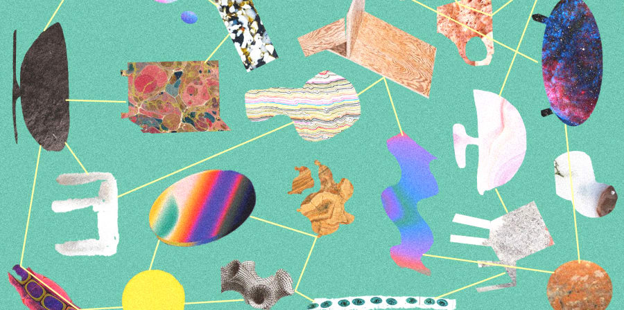 Colourful mood board with representations of different materials. 