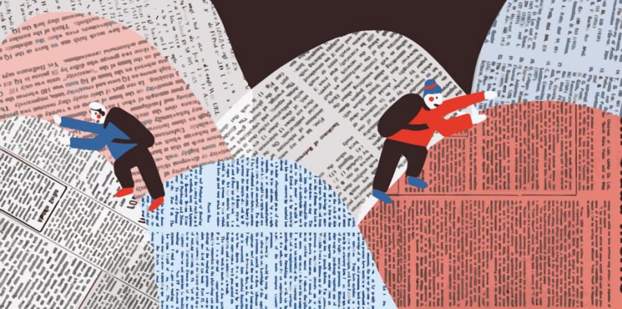 A red and blue graphic which illustrates figures climbing hills made from the pages of books, representing the theme of education.