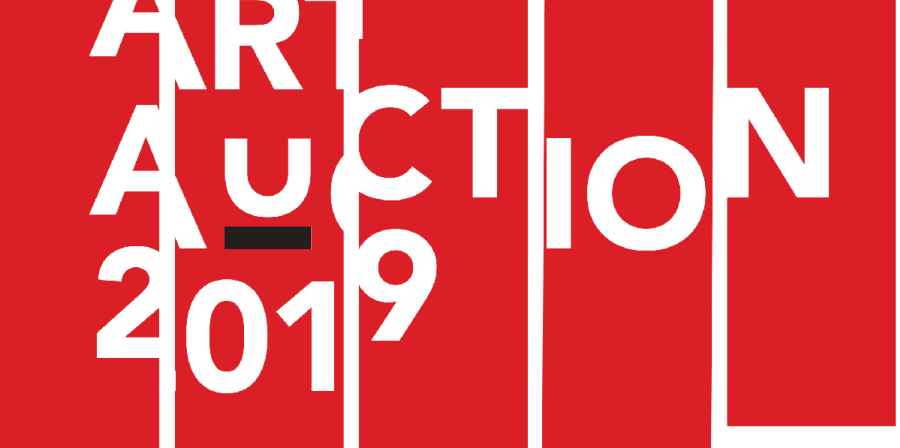 red blocks with white text overlaid art auction 2019