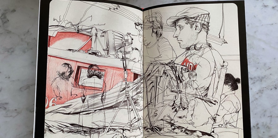 Sketches of a man in a flatcap.