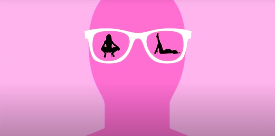 A pink graphic of provocative female shadows reflected in a male's glasses.