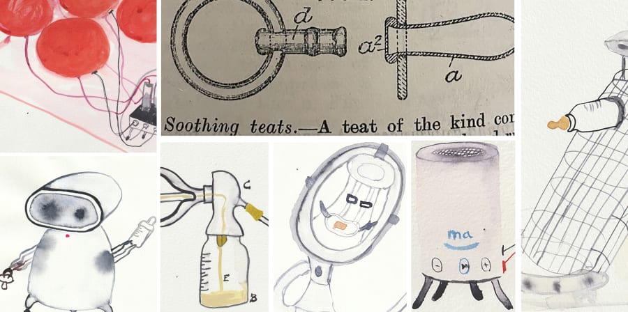 A collage of diagrams relating to breast pump mechanisms, rendered in watercolours