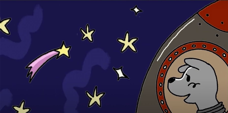 Animation still of a dog watching stars in space.