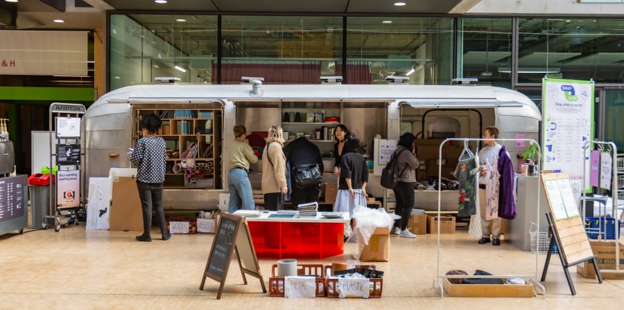 an air stream with students milling around